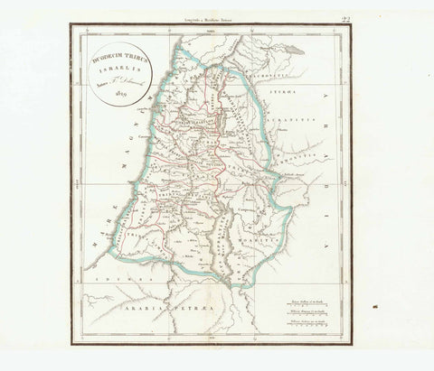 Antique Map, "Duodecim Tribus Israelis"  Holy Land, 12 Tribes of Isreal, Heiliges Land, Judentum, Samaritaner, Kanaan, Gelobtes Land  The twelve Tribes of Israel  Copper etching. Published in the atlas by Charles Francois Delamarche (1740-1811)  Delamarche bought the rights to use the copper plates by Didier Robert de Vaugondy in 1786