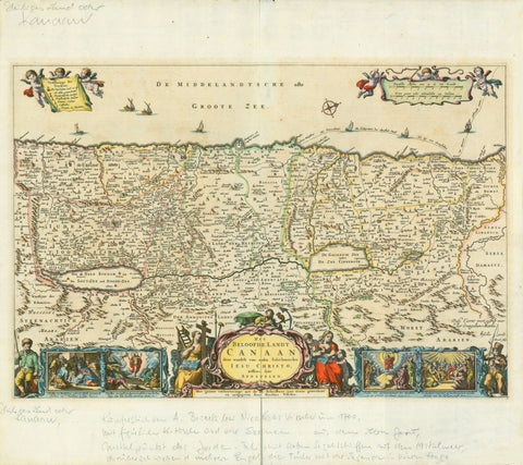 "Het Beloofde Landt Canaan door wandelt van onsen Salichmaecker Iesu Christo neffens syne Apostelen"  (The Promised Land Canaan in which our Savior Jesus Christ lived with his apostles). Rare map of the Holy Land totally devoted to the life of Jesus Christ and Christianity.  Map of Palestine or Israel with reference to the life of Jesus Christ and to Christianity.  Hand-colored copper engraving by A. Broeck. Published by Nicolaus Visscher.