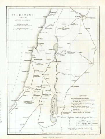 "Palestine according to the Ancient Itineraries"  Steel engraving by W. Hughes and Aldine Chambers. Published in London 1854.  This map shows some of the ancient roads that were mentioned in very old sources listed in the lower right.