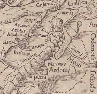 No title. Holy Land - Levant - Lebanon - Coast of Syria - Cyprus  Woodcut.  Published in "Cosmographia" by Sebastian Muenster (1488-1552)  Basel, 1553  Basically of the eastern shores of the Mediterranean. The text insets (German language) are concerned with the river Jordan, Jerusalem