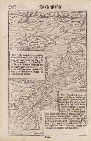 No title. Holy Land - Levant - Lebanon - Coast of Syria - Cyprus  Woodcut.  Published in "Cosmographia" by Sebastian Muenster (1488-1552)  Basel, 1553  Basically of the eastern shores of the Mediterranean. The text insets (German language) are concerned with the river Jordan, Jerusalem