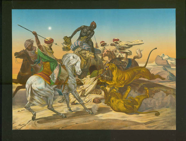Hunting lions in the Sahara  Löwenjagd in der Sahara  Chromo-Lithograph after the painting by Emile Jean Horace Vernet (1789-1863)  Ca. 1870  Lion Hunt with Arabian horses and a camel.   Lithograph in brilliant printed color.  Mounted on black backing.  Original antique print 