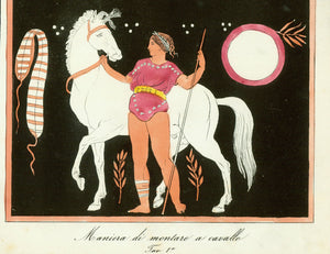 Horse, "Maniera di montare a cavalle"  Line lithograph ca 1860.