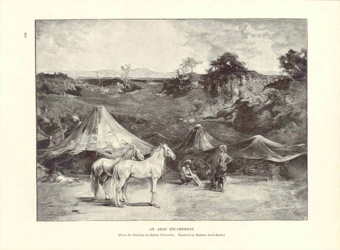 "An Arab Encampment"  Arabian horses - the pride of the owners.  Wood engraving after a painting by Eugene Fromentin. Engraved by Madame Jacob-Bazin and published 1895.