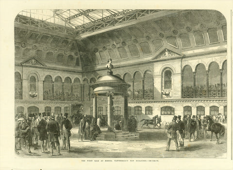Tattersall. - "The First Sale At Messrs. Tattersall's New Buildings"  Wood engraving of a Horse Auction at Tattersall's  Published in London, 1865