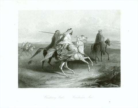 "Wandering Arabs Wandernde Araber"  Fine steel engraving by A.H. Payne after A. Frisch ca 1850. Arabian horses.