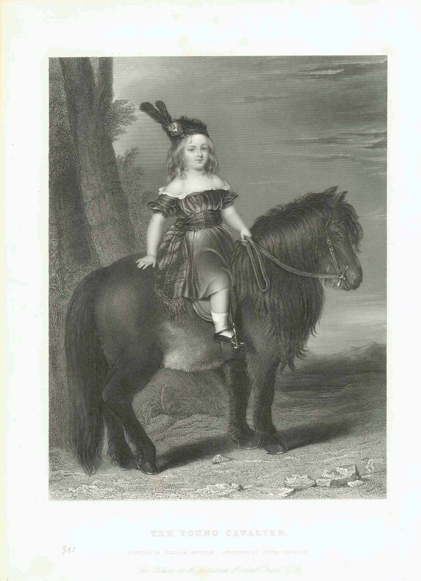 "The Young Cavalier"  "Painted by William Salter. Engraved by John Cochran,"  A child with traditional Scottish dress sits on a well-cared for Shetland pony.  Very fine steel engraving published 1846 by George Virtue in London.  Original antique print 