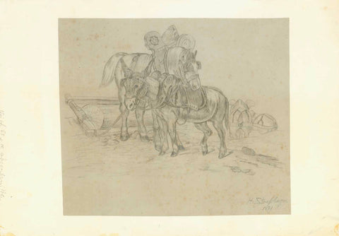 Pencil drawing of a work horse and a donkey taking a pause from work.  In the lower right corner is the signature H. Strassburger with te date 1871 On the left side by the wheel is the initial HS. 1871.  Artist: Bruno Heinrich Straßberger (1832-1910)
