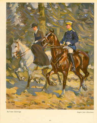 "Auf dem Reitwege"  Riding horses  Chromolithograph by Angelo Jank dated 1912.  Original antique print  