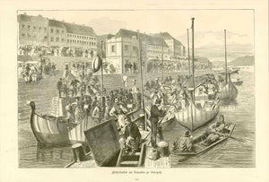 Budapest. - "Fischerbarken am Donaukai zu Budapest"  Fish market at the shore of the Danube in Budapest  Wood engraving  Published in a German periodical, 1880  23,3 x 35,4 cm (ca. 9.2 x 13.9")  Reverse side:  Budapest. - "Das neue Opernhaus in Budapest"  The new Opera House in Budapest