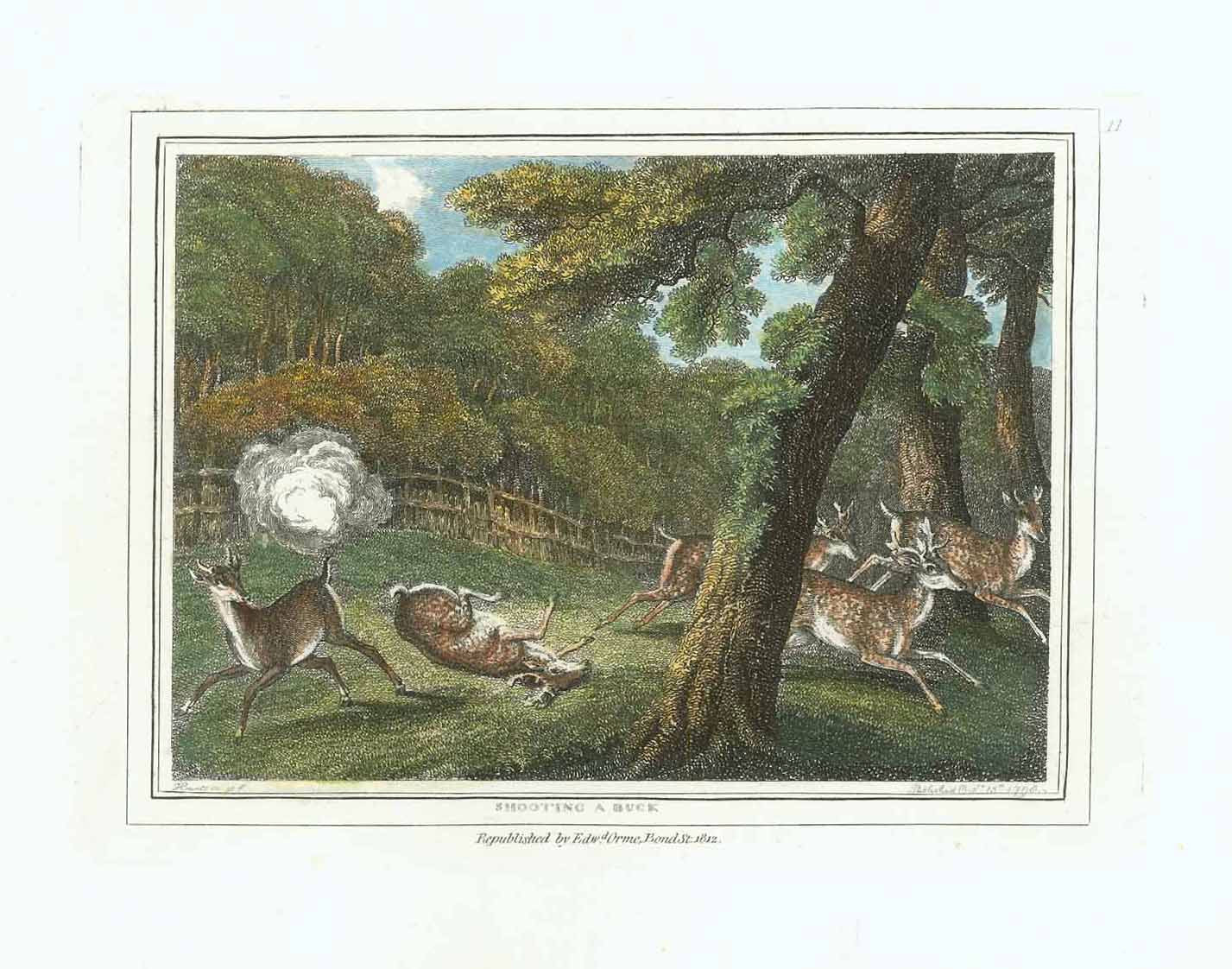 "Shooting a Buck"  Hand-colored stipple copper engraving by Samuel Howitt (1756-1822)  Published in London, dated 1799