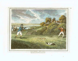 "Partidge Netting"  Hand-colored stipple copper engraving by Samuel Howitt (1756-1822)  An odd, old fashioned way of letting a dog chase partridges into a men-held net  Published in London, dated 1799