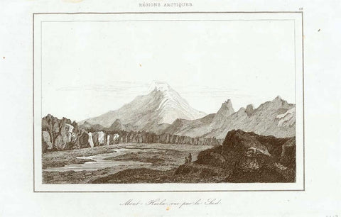 Landscapes, Iceland, Regions Arctiques, Mont Hecla, "Regions Arctiques"  "Mont Hecla vue par le Sud"  Steel engraving published 1840.  Original antique print  