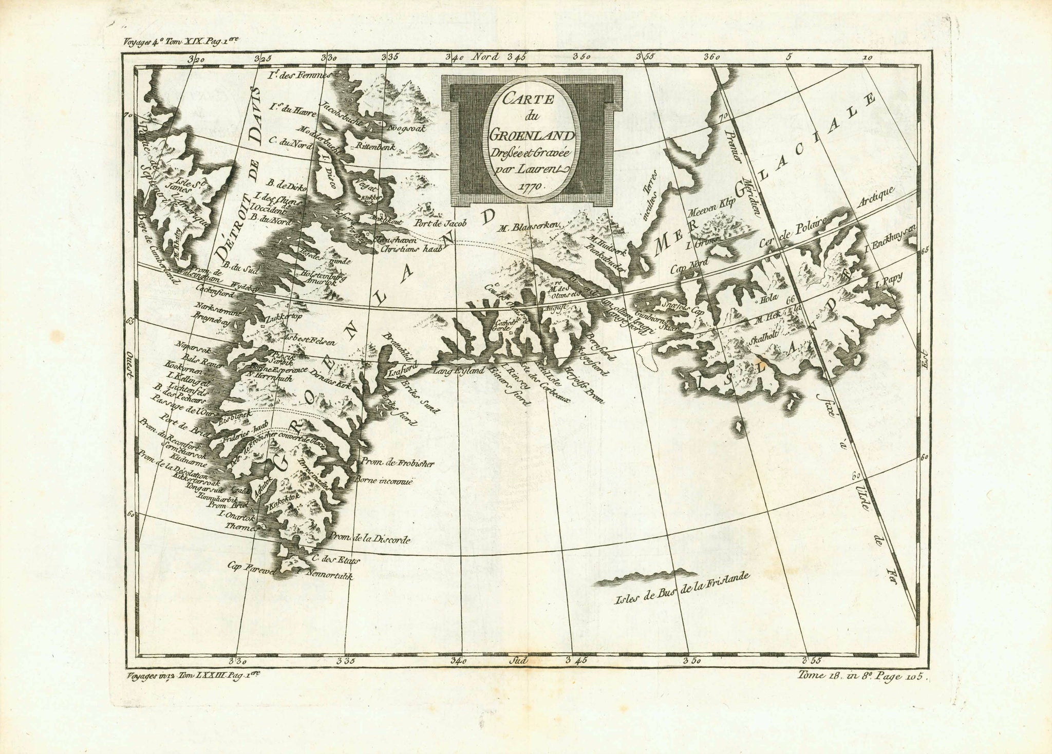 Antique map of Greenland, Iceland"Carte du Groenland" Copper engraving by Laurent for Bellin. Dated 1770.  Detailed map of southern Greenland with a bit of Canada in the upper left and Iceland on the right.  Original antique print    For a 30% discount enter MAPS30 at chekout 