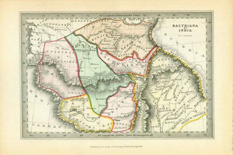 Maps, Afghanistan, Bactriana, India, Hindu Kush, "Bactriana et India"  Rare copper engraving map by Joshua Archer (1792-1863) Published by the Society for Promoting Christian Knowledge in 1847. Very attractive original hand coloring. Ancient names of towns and topography.  Original antique print , interior design, wall decoration, ideas, idea, gift ideas, present, vintage, charming, special, decoration, home interior, living room design