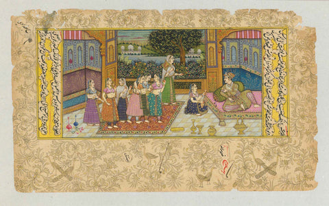 Persian miniature painting.  In a Persian harem seven young women, accompanied by an elder chaperone, approach the Persian Shah, who receives them graciously.  Persian miniature painting in fabulous metallic colors, gold-lined and partially guilded.  Reverse side: Book text in hand-written black ink with red underlines.  The painting is framed with hand-written text on either side and imbedded into ornamental gulded bordures. Repeatedly we seen the bordure images of peacocks.