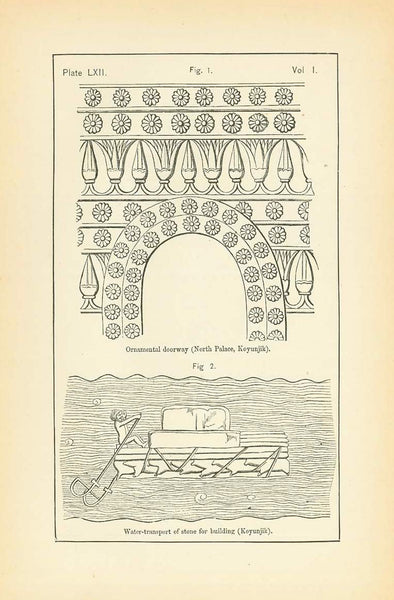 "Assyrian capitals"  Wood engravings published 1875  Reverse side:  "Ornamental dorway (North Palace, Koyunjik)