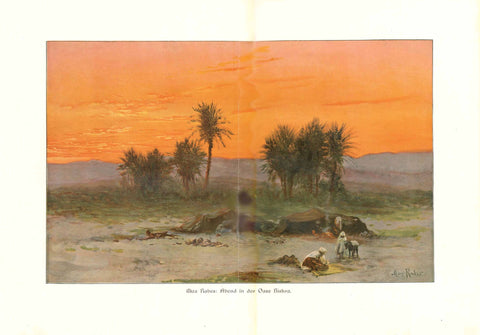 "Max Rabes: Abend in der Oase Biskra"  Chromolithograph made after a painting by Max Rabes dated 1885. On the reverse side is text about Biskra and two more images of "jewel of the Sahara"  Original antique print  