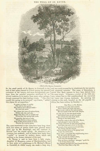 "Well of St. Keyne, Cornwall"  Wood engraving on a page of text thar continues on a separate page. Part of the text is the poem "The Well of St. Keyne" Published 1836. interior design, wall decoration, ideas, idea, gift ideas, present, vintage, charming, special, decoration, home interior, living room design