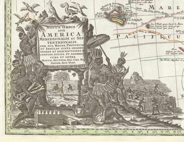 South America  Copper etching. Very pleasant original hand coloring.  Published in "Atlas Novus" by Matthaeus Sautter (1678-1757)  Augsburg, ca. 1730  For a 30% discount enter MAPS30 at chekout   Very attractive map of North and South America with decorative Baroque title cartouche.  Shows Discovery voyages in the Pacific Ocean by name of explorers and dates.