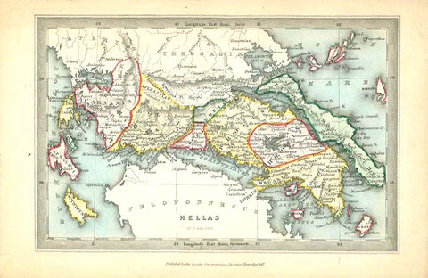 Ancient Greece, antique map, Karte, antikes Griechenland, "Hellas"  Rare copper engraving map by Joshua Archer (1792-1863) Published by the Society for Promoting Christian Knowledge in 1847. Very attractive original hand coloring.  Original antique print  interior design, wall decoration, ideas, idea, gift ideas, present, vintage, charming, special, decoration, home interior, living room design