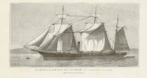 "Marina Alemana de Guerra. - El Cañonero "Iltis"  Wood engraving of a German military ship published 1884.  Original antique print  