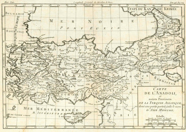 Antique Map, antike Karte, "Carte De L'Anadoli et autres Provinces de la Turquie Asiatique; dont une partie portoit jadis le nom D'Asie Mineure" Turkey, Cyprus, Georgia, Anatolia, Anatolien, Asia Minor, Black Sea, Ankara Copper engraving map by Louis Brion de la Tour. Published ca 1780. Map extends from the Mediterranean Sea on the left to Lake Van, a small corner of Armenia and part of Georgia on the right. Original antique print