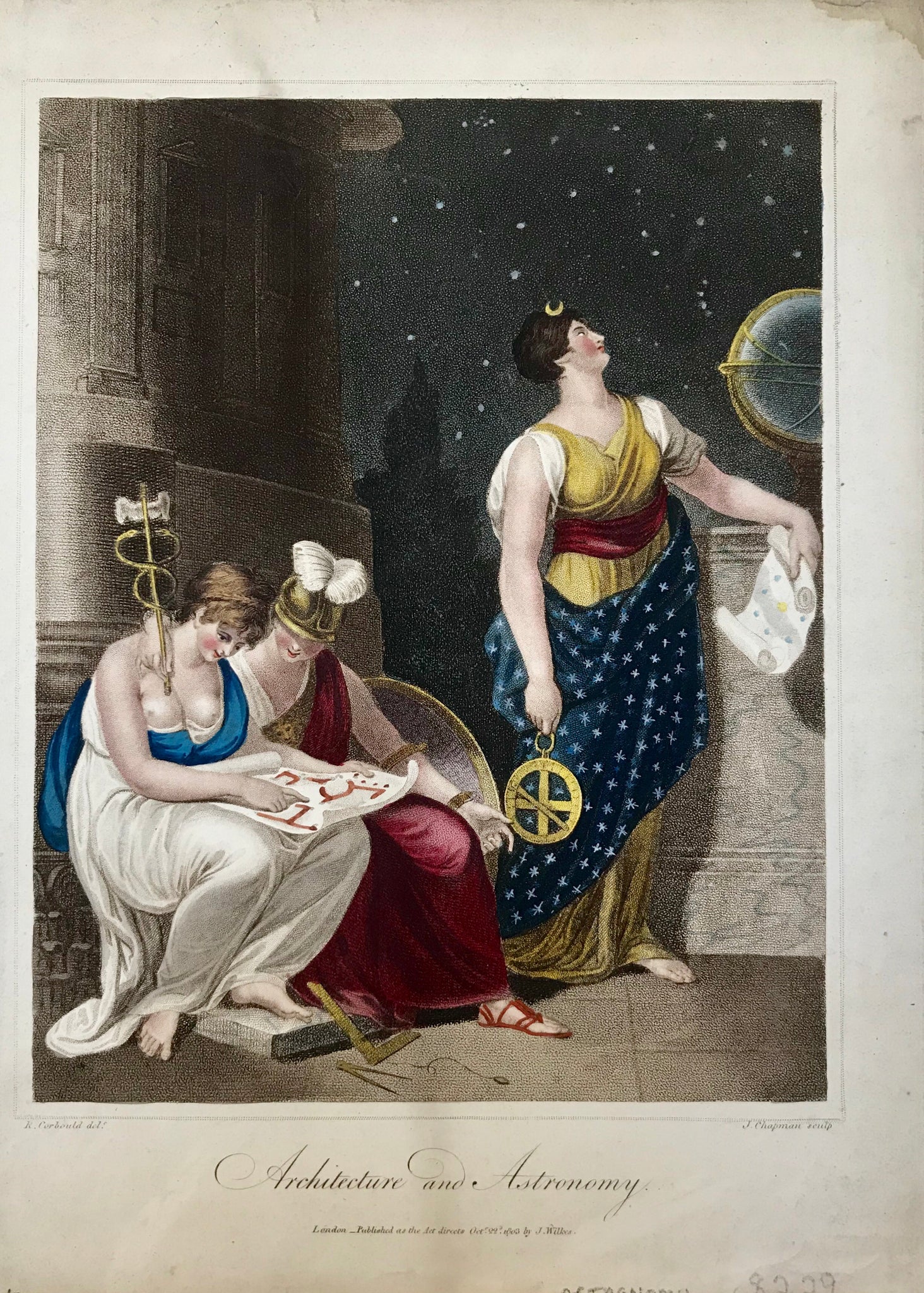 Architecture and Astronomy  Stipple engraving by S. Chapman after R. Corbould, dated 1803. Original hand coloring.
