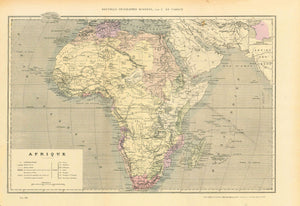 "Africa"  Wood engraving map printed in light color ca 1890. An interesting inset in the upper right hand corner shows the scale of France compared to the size of Africa.  Original antique print    For a 30% discount enter MAPS30 at chekout