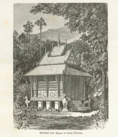 "In einer Pagode zu Luang Prabang in obern Laos"  Image: 23.5 x 15.5 cm ( 9.2 x 6.1")  ******  Image: 15.5 x 11.5 cm ( 6.1 x 4.5")  "Bibliothek einer Pagode in Luang Prabang"  Wood engravings on a 3-page article titled "Unter den Laosvoelkern am obern Mekong." There are two more wood engraving images in the article about culture and landscape of the area.  Publshed 1874.  Original antique print  