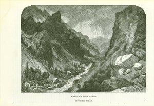 Antique print, alter Stich, "American Fork Canon"  Utah, Wasatch Mountains, Thomas Moran, Timpanogos Cave  Wood engraving after Thomas Moran ca 1885.  Original antique print , interior design, wall decoration, ideas, idea, gift ideas, present, vintage, charming, special, decoration, home interior, living room design