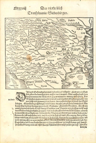 Romania, Transylvania, Muenster, These woodcuts are the oldest images you can get about Romania  "Walachy - Transylvania / Siebenbürgen - Cronenstatt - Tergouistia Teruis "  "Von Fruchtbarkeit der Siebenbürg - Von der Sibenbürg Regierung"  Map of Transylvania with the text. Two pages  Woodcut. Published in "Cosmographia" by Sebastian Müenster (1488-1552)  Basel, 1553