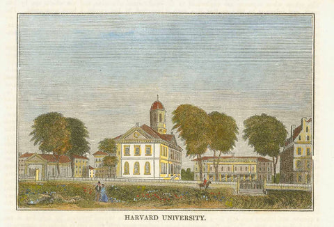 Harvard, antique prints, "Harvard University"  Wod engraving published ca 1860.  Original antique print  