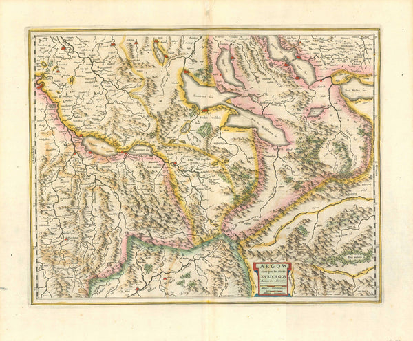 "Argow cum parte merid. Zurichgow"  For a 30% discount enter MAPS30 at chekout   Original hand-colored copper etching by Gerard Mercator  Published by Willem and Joan Blaeu  Amsterdam, 1635. Verso: Explanitory text in the German language. Vertical centerfold.  Northern Switzerland with the lake district. Lakes on this map:  Zuerichsee, Walensee, Kaldentalersee, Zuger See, Luzerner See, Vierwaldstätter See, Lungern See, Bringer See, Thuner See