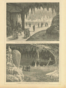 Upper image: "Der Pavillon oder Ballsaal in neu endeckten grosen Tropfsteinhoehle bei Luray in Virginien, Nord-Amerika" Lower image: "Die eingangshalle in der neuendeckten grossen Trophsteinhoehle bei Luray in Virginien, Nord-Amerika" Wood engravings published 1879. On the reverse side is unrelated text.  Original antique print  