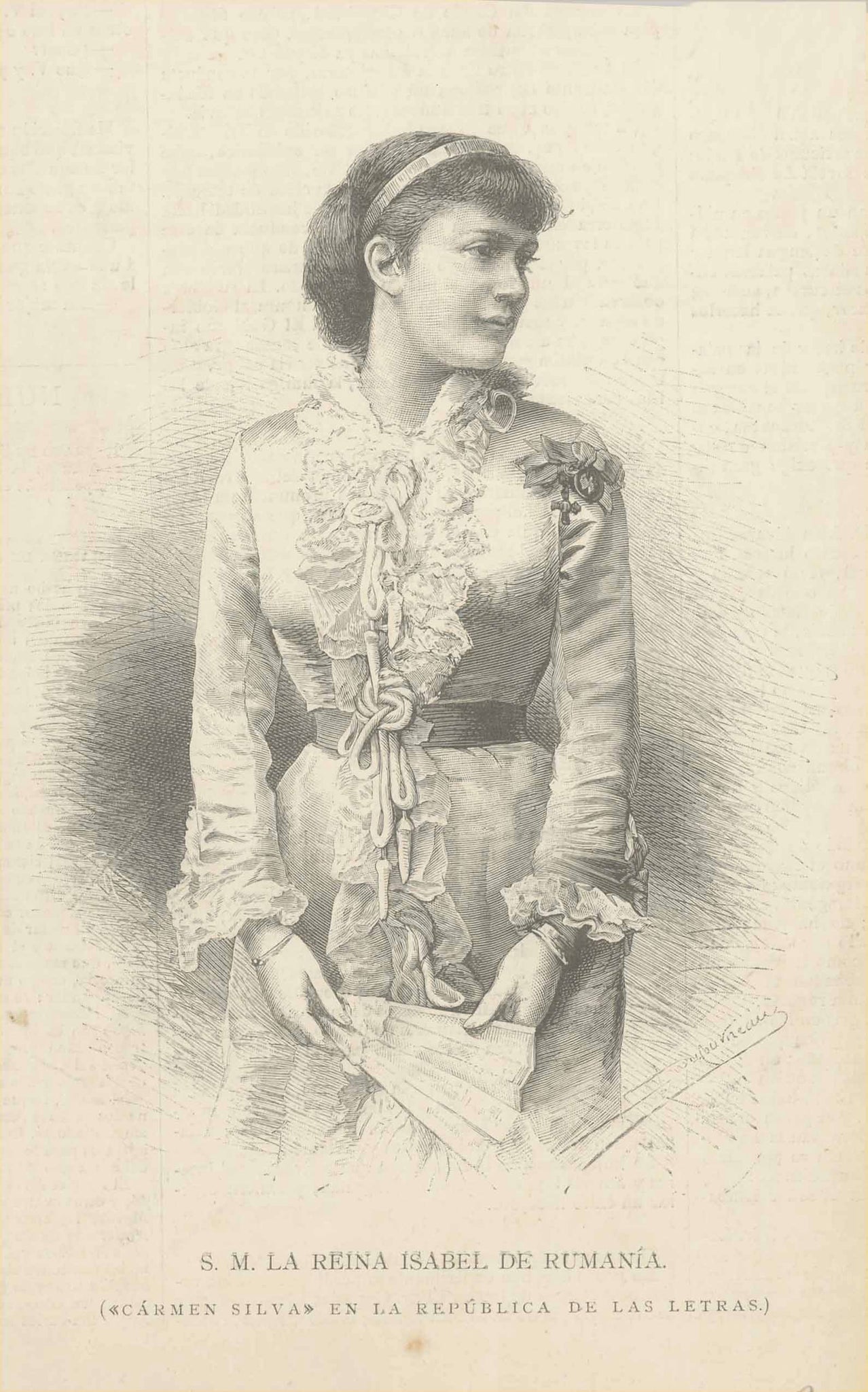 Portraits, Romania, Isabel de Romania, Rumanien, "S. M. Reina Isabel de Rumania"  Wood engraving published 1883 in a Spanish illustrated documentary.