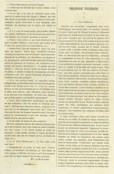 Artikel in französischer Sprache von Marquis de Roys: Philippine Welser (1527 Augsburg - Schloss Ambras 1580).  in 10 Folgen einer französischen Zeitschrift aus dem Jahr 1876.  1 - La Ville Imperiale (gemeint ist Augsburg)  2 - Les Etats mit einem Holzstich-Portrait von Philippine Welser  3 - La Chaise  4 - Le Depart - mit einem Holzstich von Schoß Ambras  5 - La Blessure  6 - Le Sejour