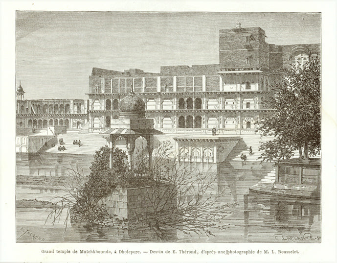 "Grand temple de Mutchkhounda, a Dholepore"  Wood engraving published ca 1875. On the reverse side is a fine image of the Maharaj Rana of Dholepore.  Original antique print interior design, wall decoration, ideas, idea, gift ideas, present, vintage, charming, special, decoration, home interior, living room design