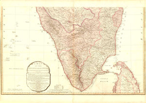 Antique Map of Southern India: "A Map of the Peninsula of India from the 19th degree North latitude to Cape Comorin" This very large detailed map of southern India was engraved by B. Baker after Sir. Arch. Campbell. It was printed by W. Faden in London. Dated May 10, 1800 Hand coloring. Map has light browning. Small repair in lower margin on the centerfold. Minor signs of age and use. 49 x 81 cm ( 19 x 31.8 ")