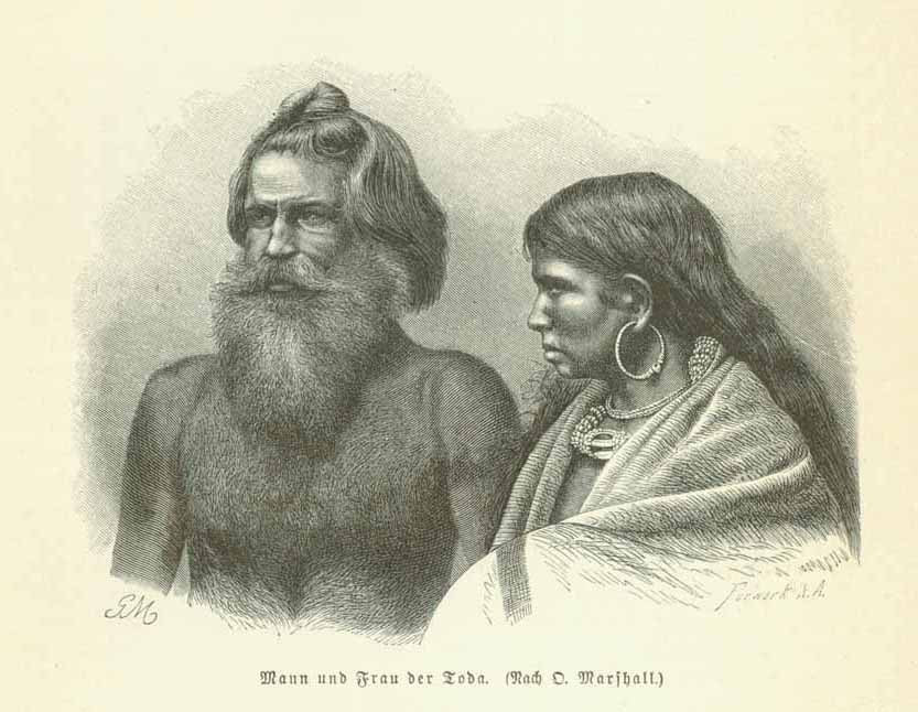 "Mann und Frau der Toda"  Wood engraving on a page of text (German) that continues on the reverse side. The Toda are an ethnic group of the Dravidians who live in southern India. They have their own language and pactice secretive customs. This print published ca 1880.