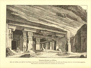 "Rawanah Tempel zu Ellora"  Wood engraving ca 1890. On the revers side is German text about history and customs in India.  Original antique print , interior design, wall decoration, ideas, idea, gift ideas, present, vintage, charming, special, decoration, home interior, living room design