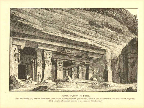 "Rawanah Tempel zu Ellora"  Wood engraving ca 1890. On the revers side is German text about history and customs in India.  Original antique print , interior design, wall decoration, ideas, idea, gift ideas, present, vintage, charming, special, decoration, home interior, living room design