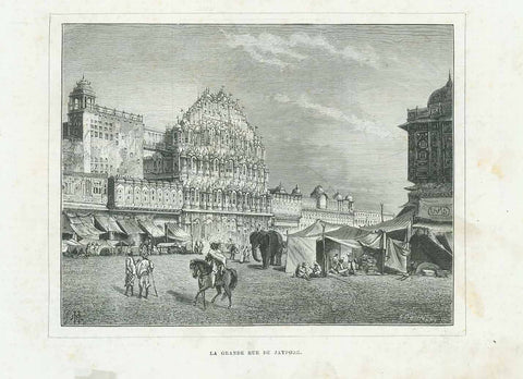 "La Grande Rue de Jaypore"  Wood engraving published 1877. On the reverse side is a partial article in French about Jaypore.  Original antique print 