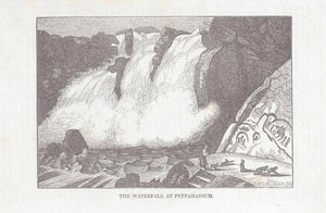 "The Waterfall at Puppanassum" (Papanasum or Agasthiyar waterfalls)  Wood engraving pubished 1855.  Original antique print  