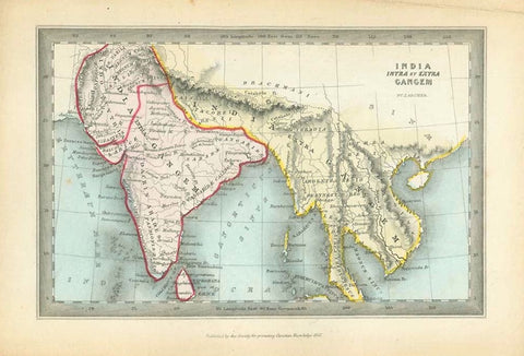 Maps, India, Pakistan, Thailand, "India Intra et Ektra Gangem"  Rare copper engraving map by Joshua Archer (1792-1863) Published by the Society for Promoting Christian Knowledge in 1847. Very attractive original hand coloring. Old names of towns and topography.