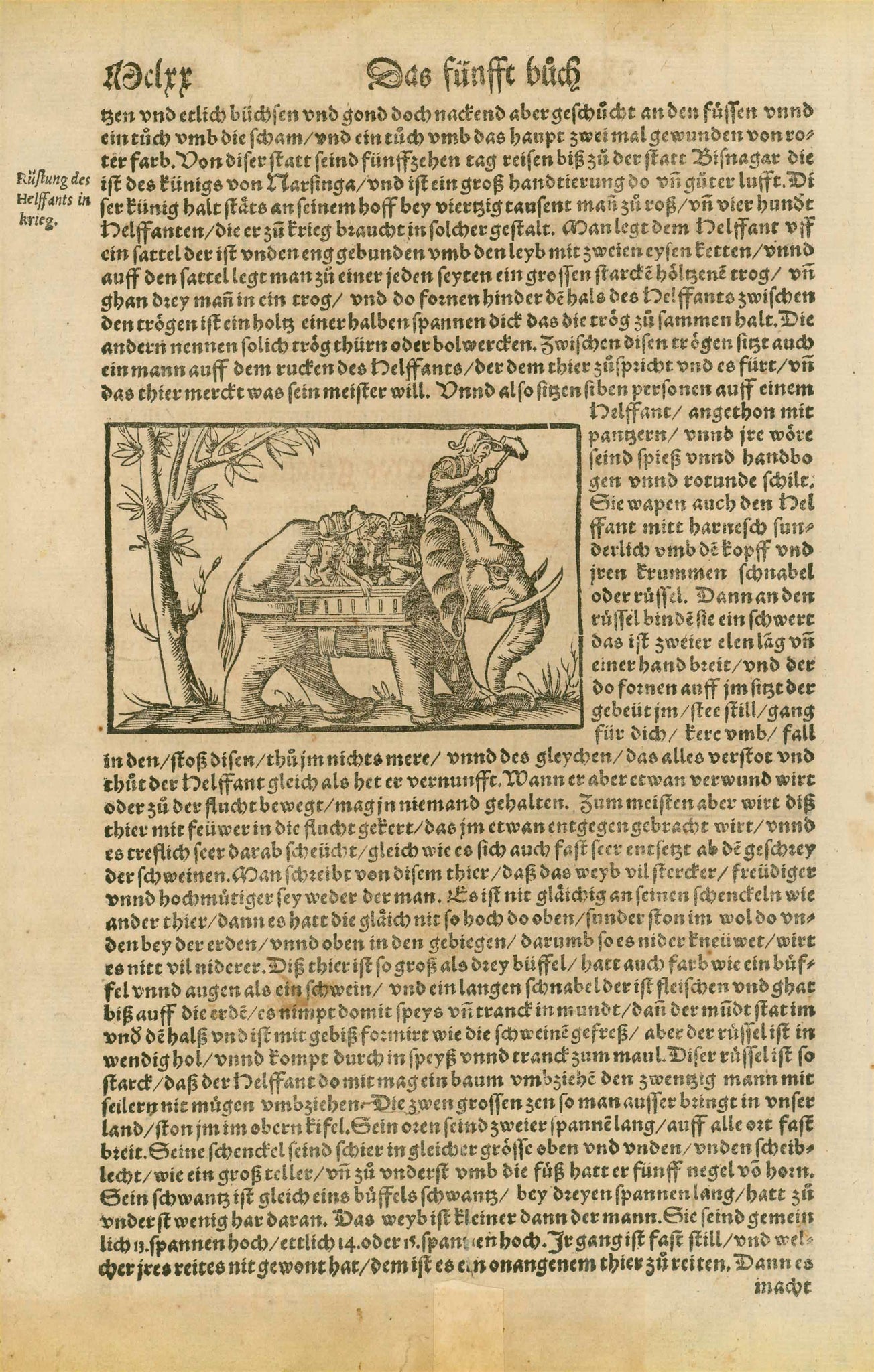 "New India mit seinen lendern..."  Woodcut of an early exploration ship and a woodcut of an elephant carrying soldiers/explorers on the reverse side. Interesting text about early discovery of India and decription of elephants.  Published in "Cosmographia"  By Sebastien Muenster (1488-1552)  Original antique print  