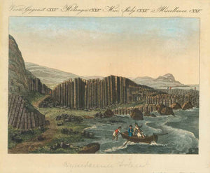 Title written in pencil below image: "Riesendamm Ireland"  Copper engraving of the "Giant's Causeway" on the northern coast of Ireland. The area has ca 40,000 basalt columns.  Hand coloring. Pubished ca 1790.