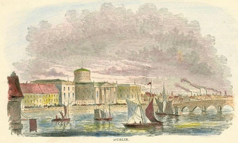 "Dublin"  Wood engraving ca 1870. Hand coloring. Reverse side is printed.