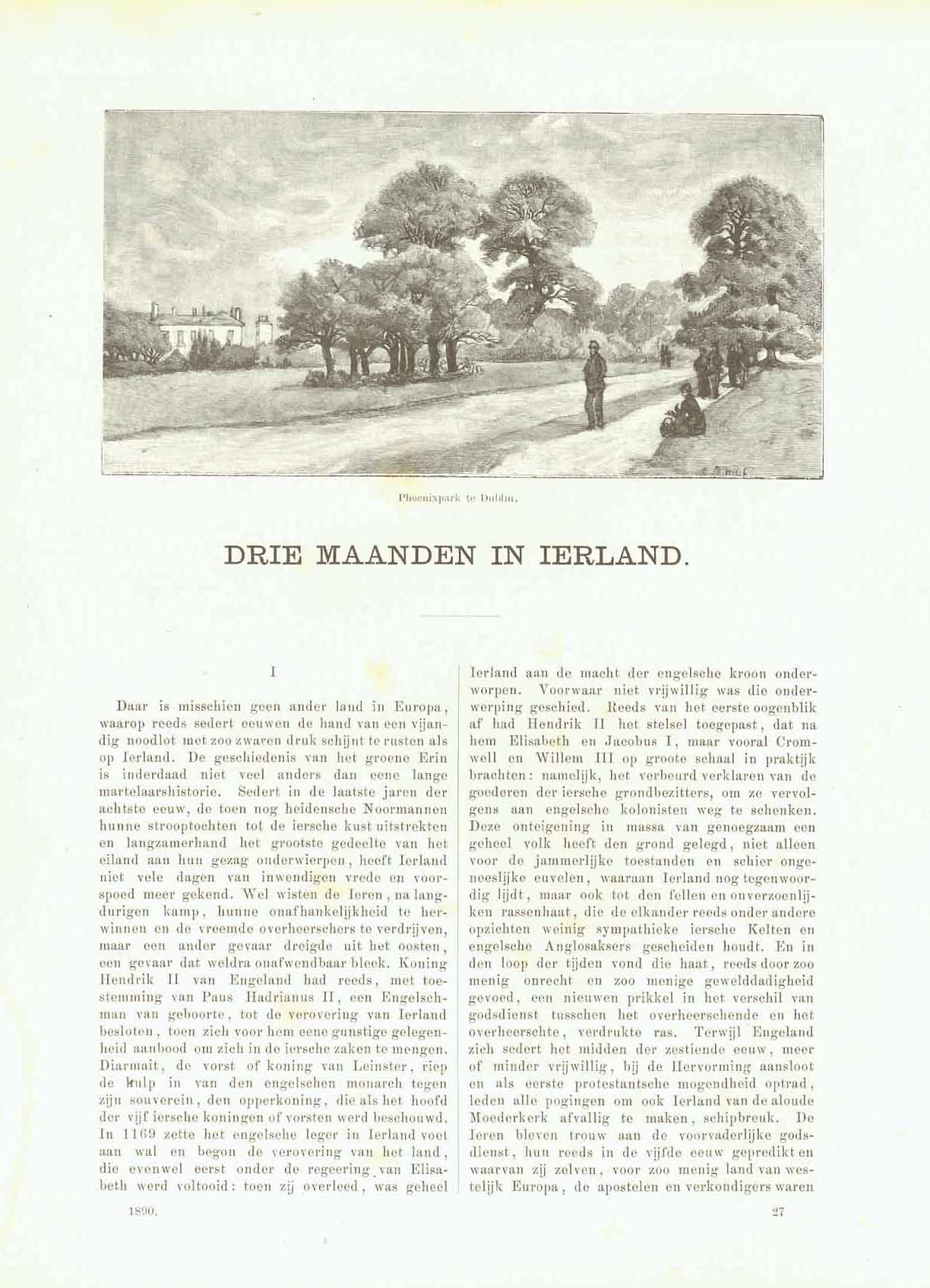 Image: Bloemen meisje te Dublin"  Article from a Dutch source.  "Drie Maanden in Ierland"  Flower Girl  Two separate pages with Dutch text on both sides of each page. The text is not quite complete. Historical information about Ireland.  Original antique print 