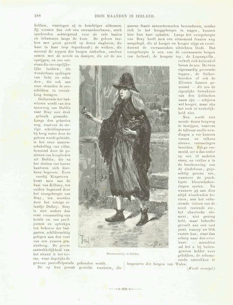 Image: Bloemen meisje te Dublin"  Article from a Dutch source.  "Drie Maanden in Ierland"  Flower Girl  Two separate pages with Dutch text on both sides of each page. The text is not quite complete. Historical information about Ireland.  Original antique print 